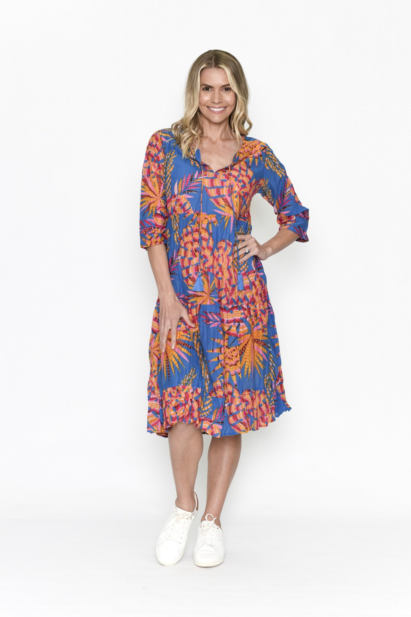 One Summer Rebecca Tie Neck Dress Tropic Blue