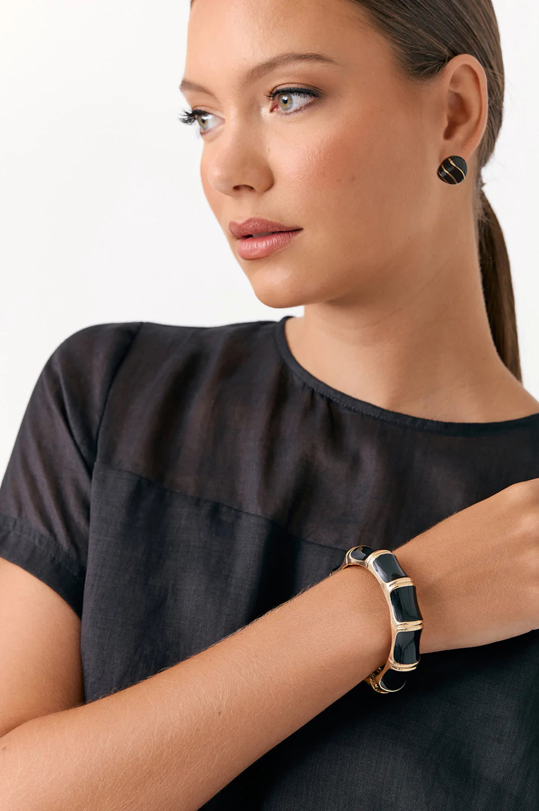 Adorne Bamboo Look Cuff Bracelet Black and Gold