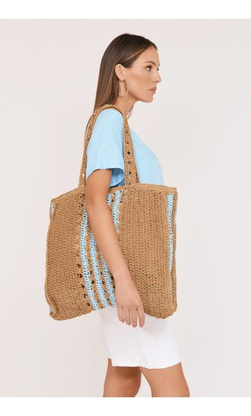 Adorne Rosie Paper Weave Tote Natural/Blue