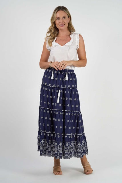 Naudic Tiered Skirt Capri Broderie Navy White