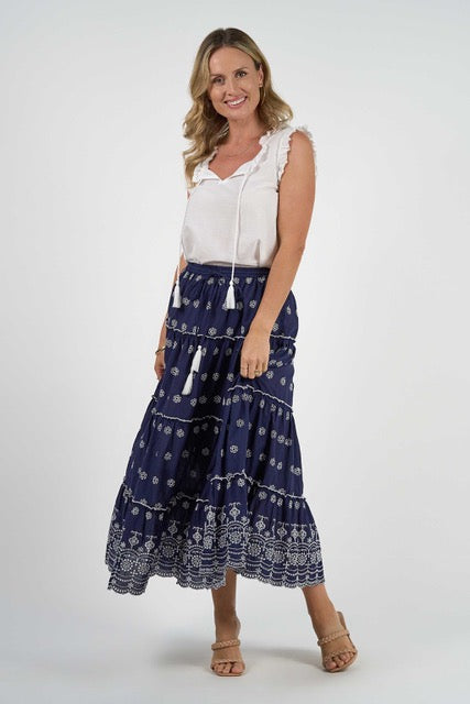 Naudic Tiered Skirt Capri Broderie Navy White