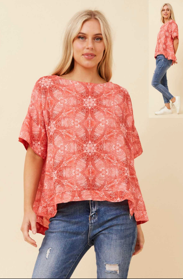 Bottega Moda Linen Tribal Top Coral